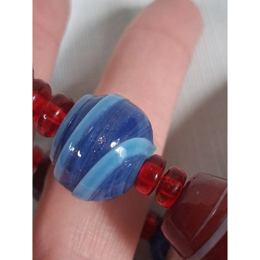 Handmade Blue Red Striped Assorted Glass Beaded Stretchy Bracelet Fair Condition